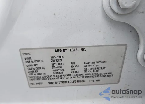 2020 Tesla Model Y Long Range Dual Motor All-Wheel Drive from USA, damaged, VIN 5YJYGDEE0LF048906